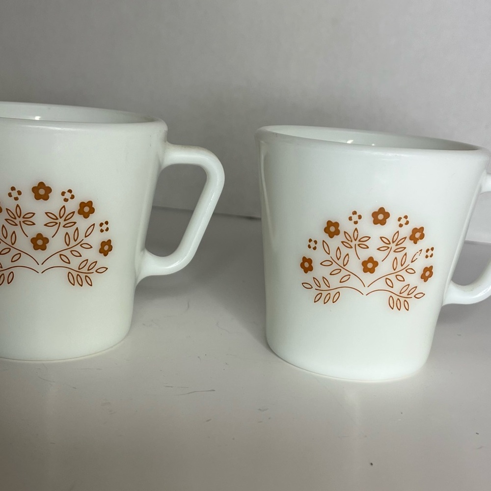 Pyrex White Mugs with Orange Floral Design.  Set of Vintage Ginger Floral Mugs.